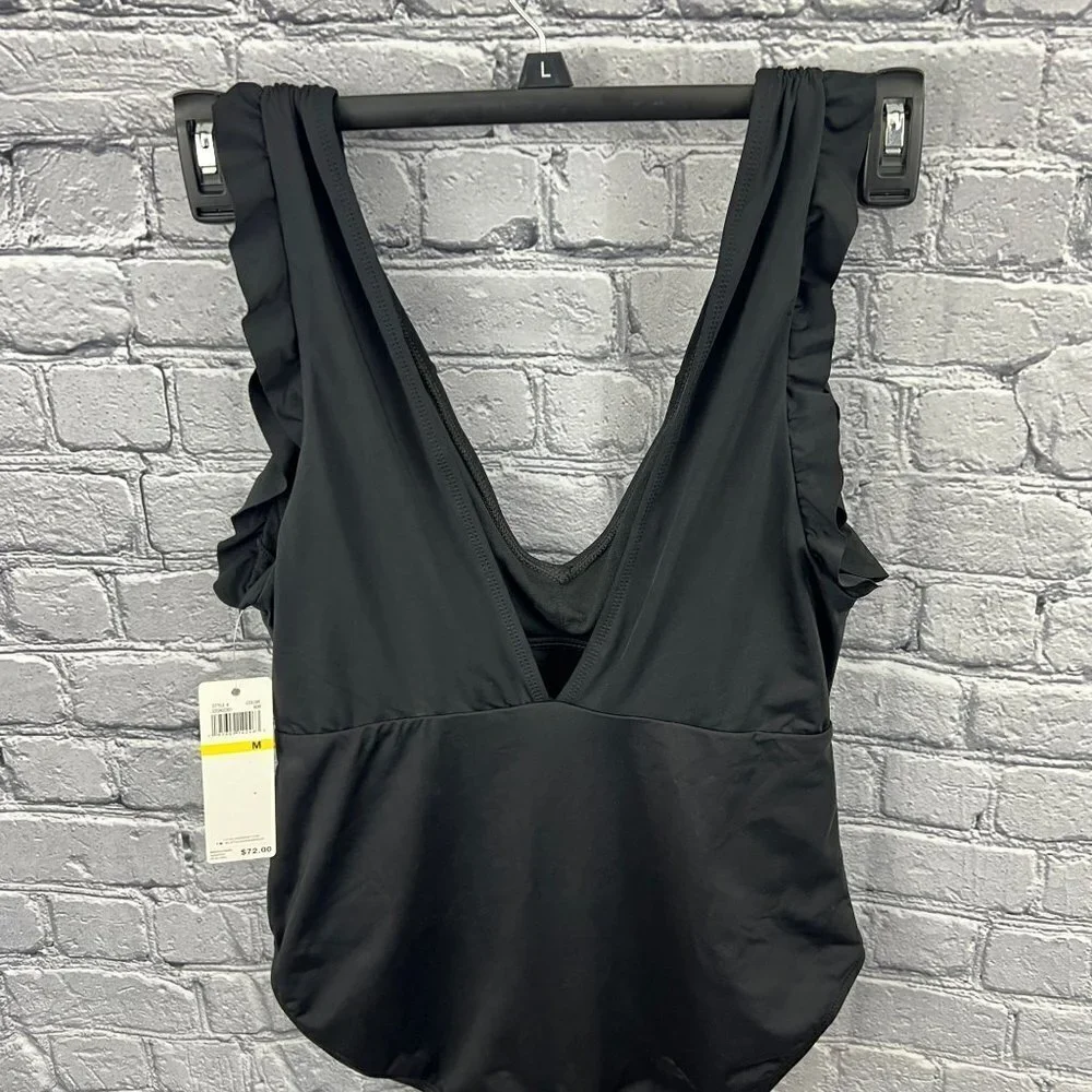 Catalina Swimwear Black‎ 1 Piece Swimsuit Size M Ruffle Smocked Deep Plunge NWT